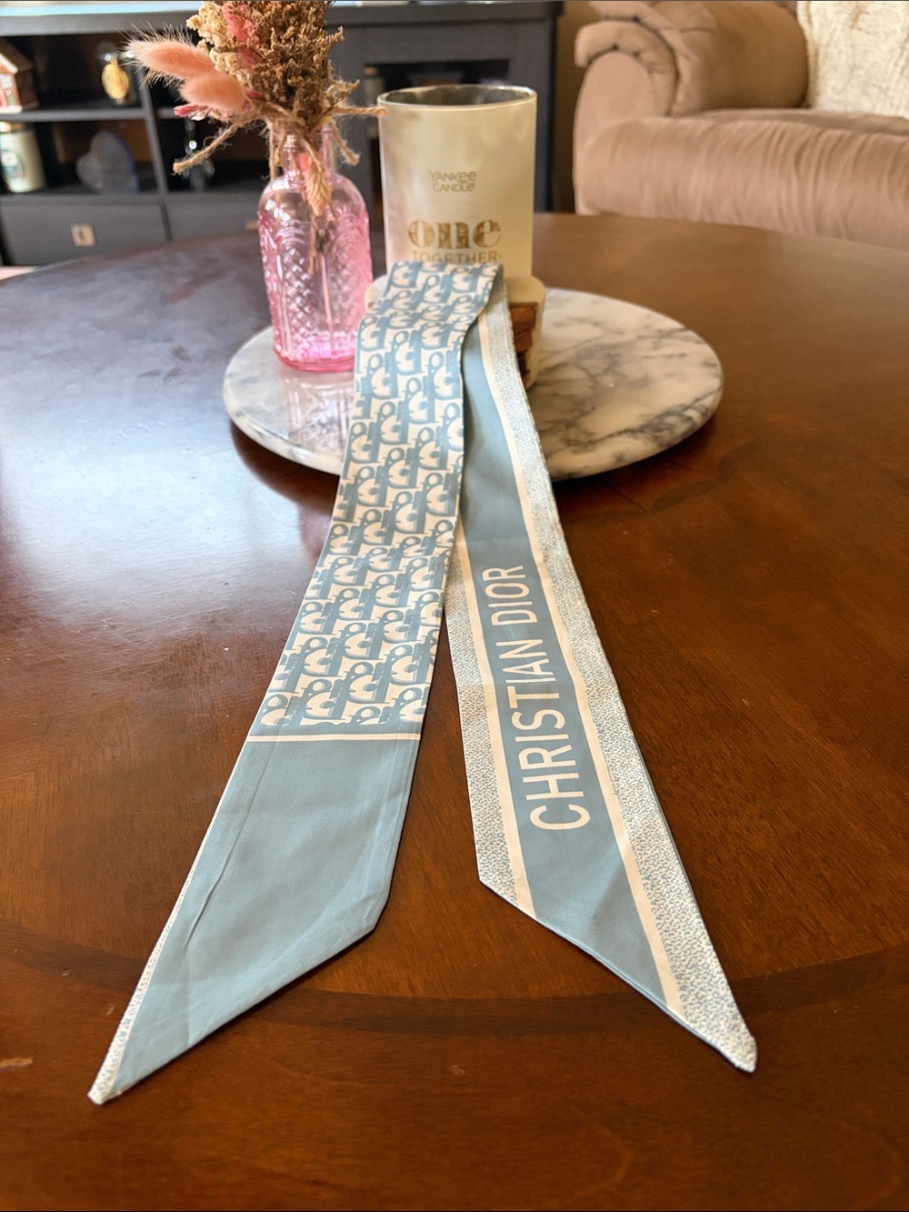 Dior Powder Blue Signature Silk Ribbon Scarf
